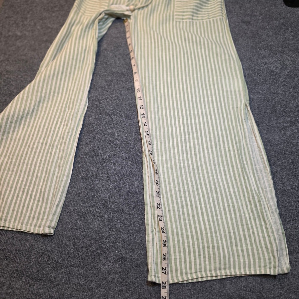 Salty Lemon Sage Green White Striped Wide Leg 100% Cotton Linen Pants Coastal - Picture 12 of 16
